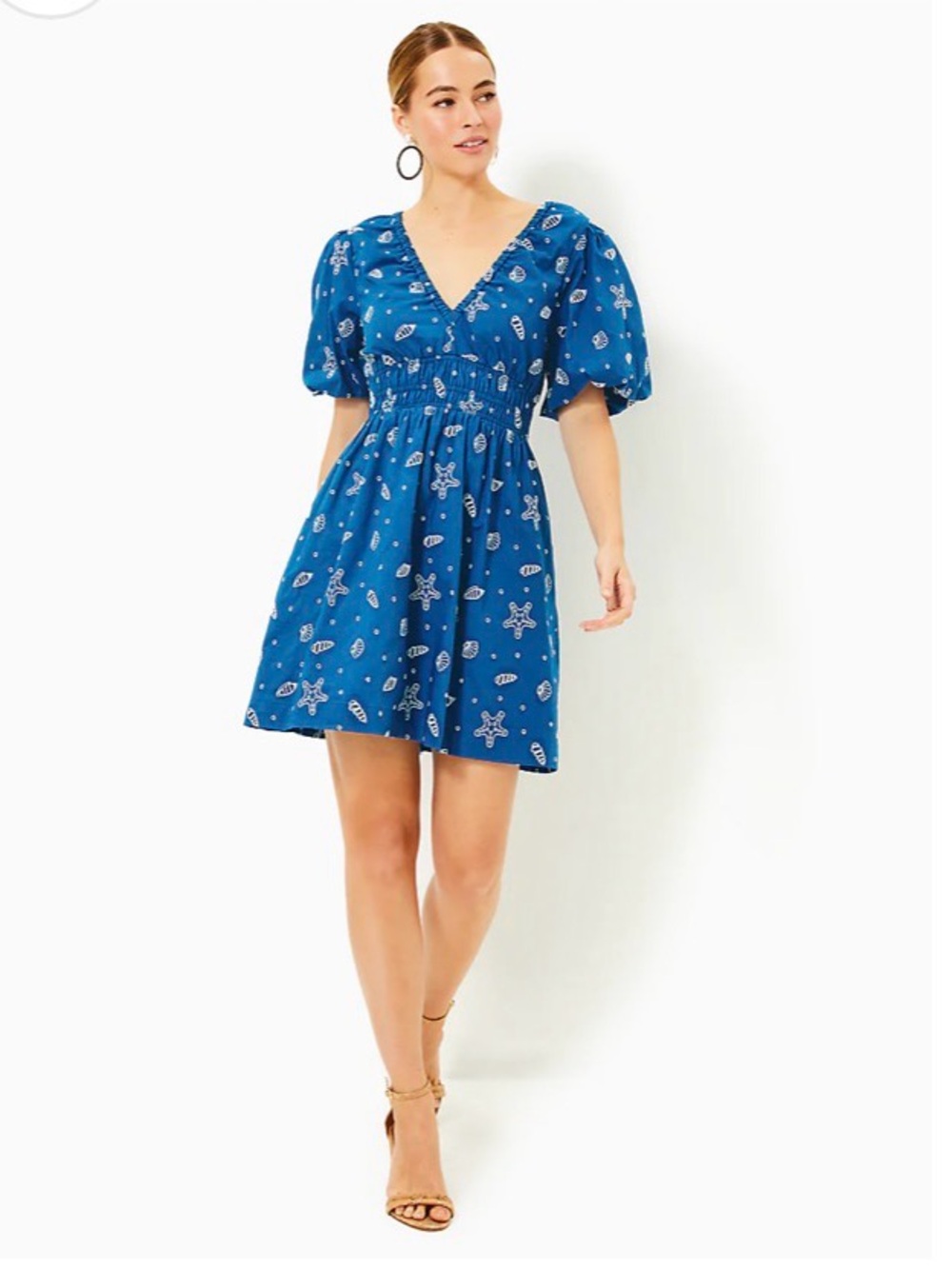 Lilly Pulitzer Kilynn Royal Blue Seashell Puff-Sleeve Cotton Mini Dress - Picture 3 of 8